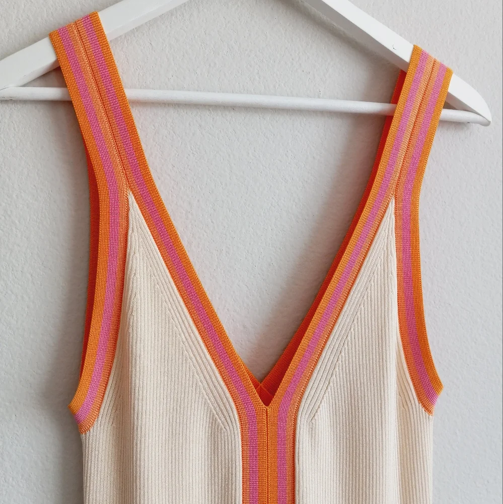 Sandro Piana V Neck Ribbed Midi Dress Ecru Orange Boarder Stripe 42 - Picture 6 of 16